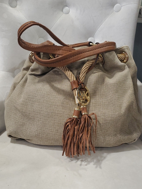 Michael Kors Handbags - Michael Kors Tan Canvas Drawstring Shoulder Bag with Brown Leather Trim